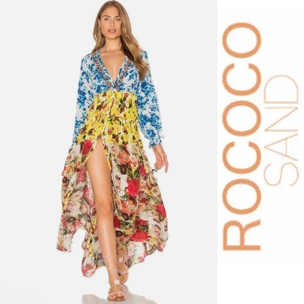 Rococo Sand Silk Romantic Floral Long Sleeve Maxi Dress